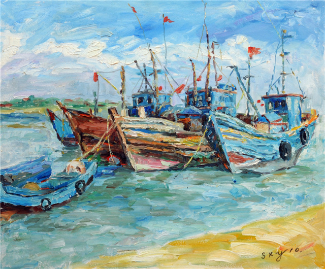 油画:三山岛渔船