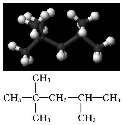 异辛烷的8个碳原子则不是线性排布,它的结构式相对复杂一点,如下图