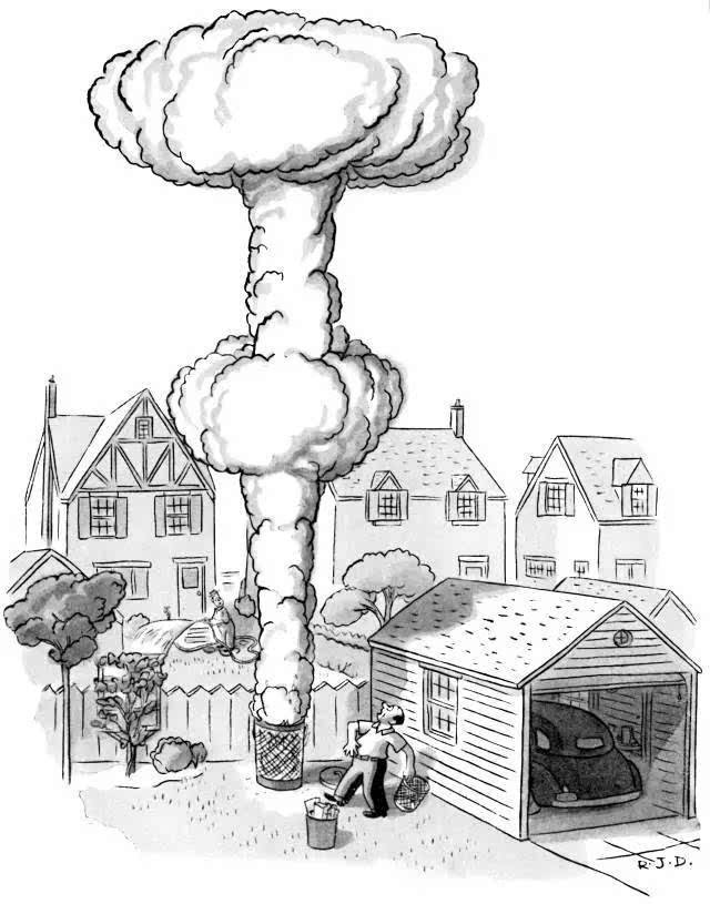 垃圾桶燃烧的青烟升腾至空中,就像原子弹爆炸产生的蘑菇云