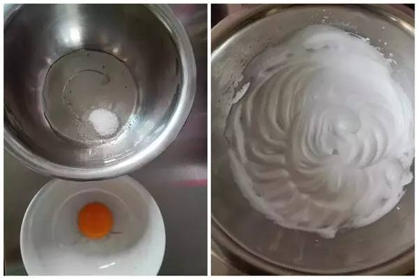 2分开蛋清,蛋黄,蛋清中加入白糖 3蛋清用打蛋器高速打至硬性发泡