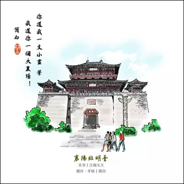 襄阳古城墙手绘图片
