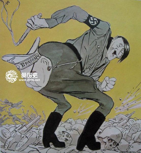 苏联卫国战争鼓舞士气的宣传画希特勒如丧家之犬