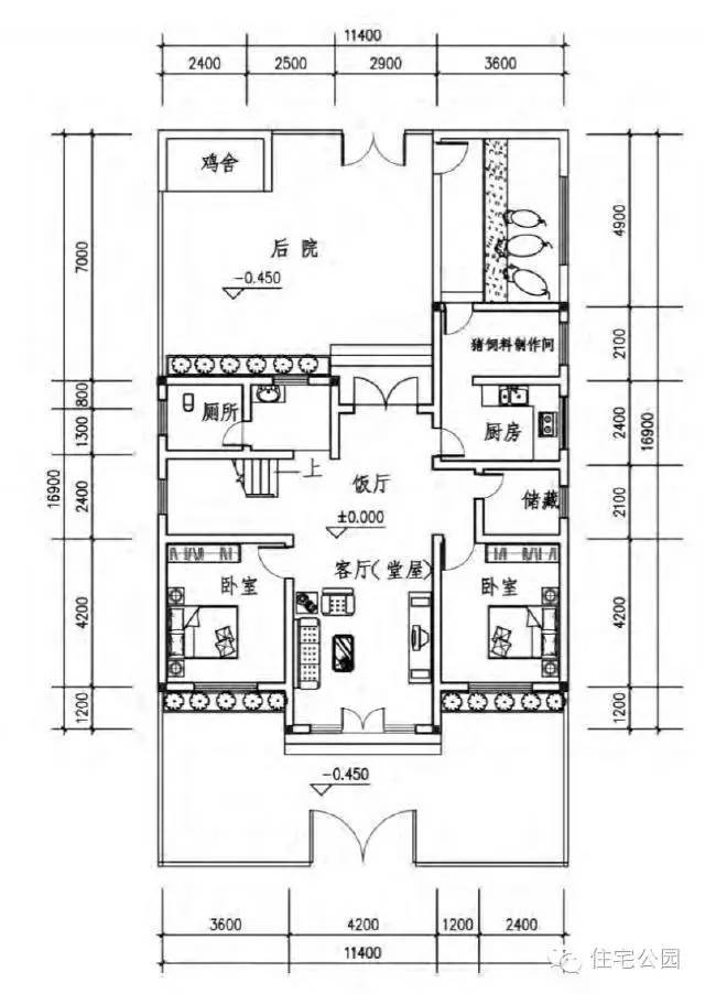 新农村自建房 11米x17米 带后院鸡舍猪圈 含平面图