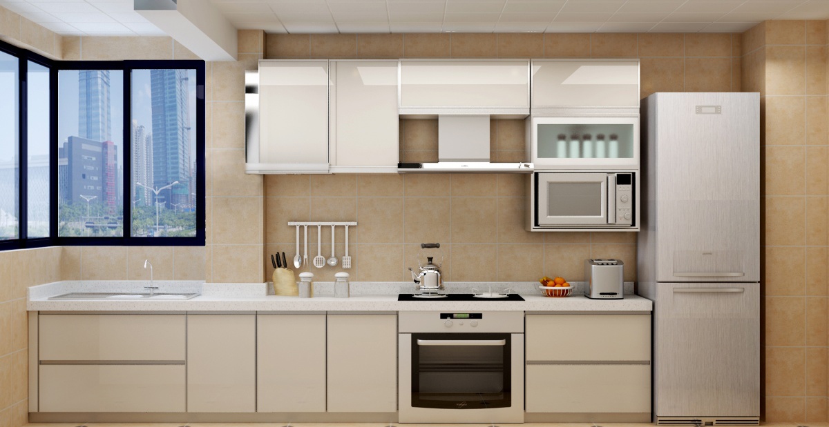 这款一字型厨房布局,最大的亮点就是使用了嵌入式设计,把吊柜和抽油