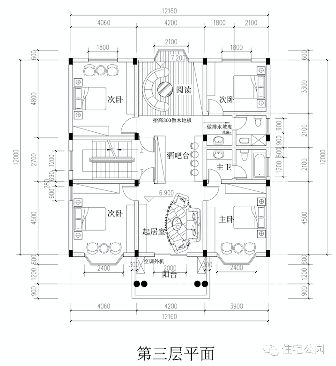 新农村自建房3层户型 12米x14米 堂屋神位平面图