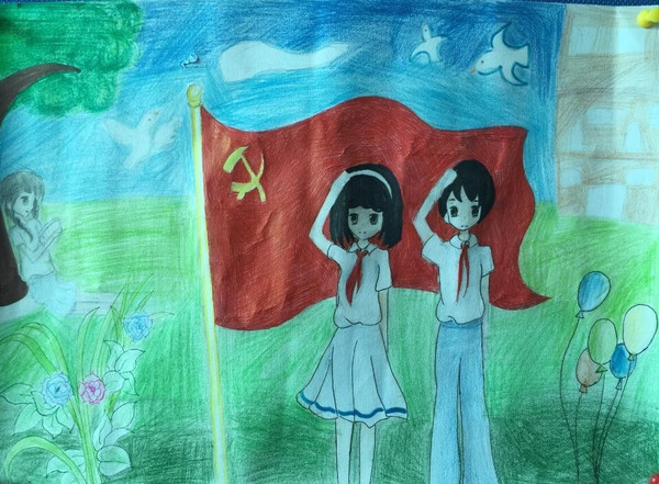 党旗飘飘儿童绘画图片