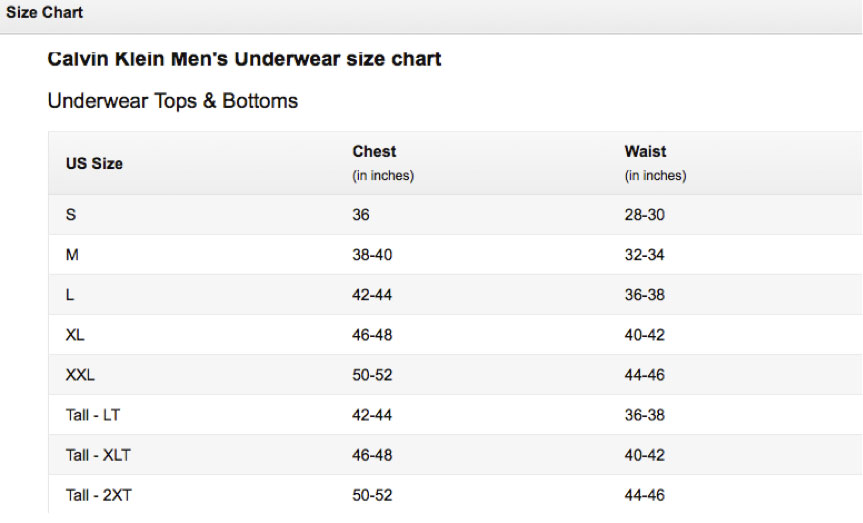 美国ck内裤尺码对照表图片