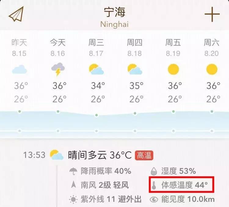 今天寧海的太陽很猛,據天氣預報預測氣溫已達36℃,體感溫度更是達到了