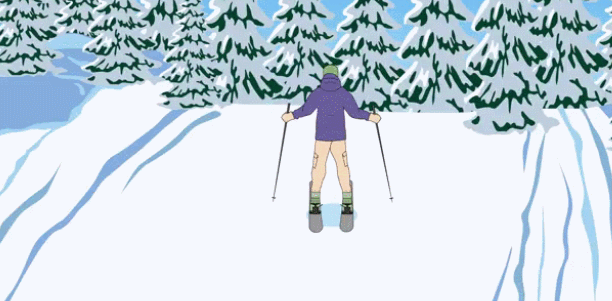 外侧推开,板头慢慢靠拢,雪板摆成内八字型,让滑雪板的内侧面接触雪地
