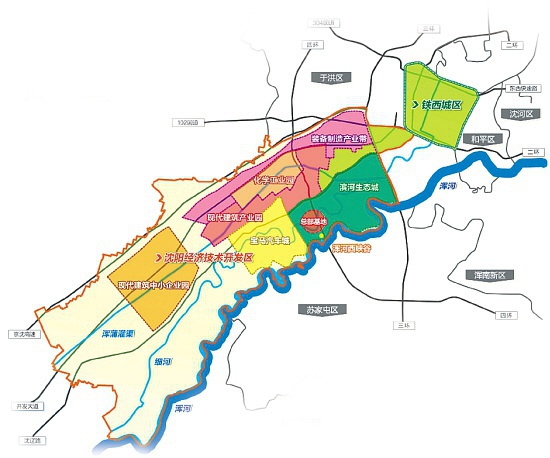铁西新区产业布局规划图,东北的绿色部分为老铁西区铁西区的转型,不是
