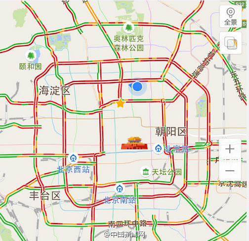 晚高峰遇下雨天 北京环路全红