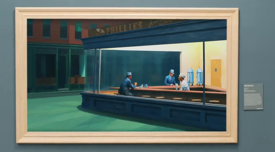 墙上的这幅画是美国画家爱德华·霍普(edward hopper)的代表作《夜游