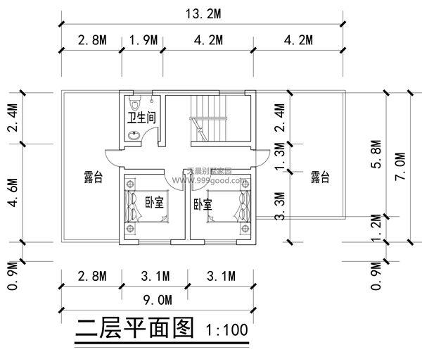 二层平面图:卧室(2间)露台(2间)卫生间