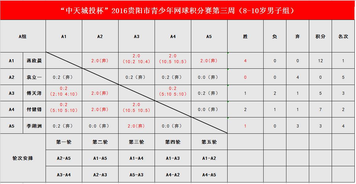 中天城投杯2016年贵阳市青少年网球积分赛第三周(11月19日)比赛成绩