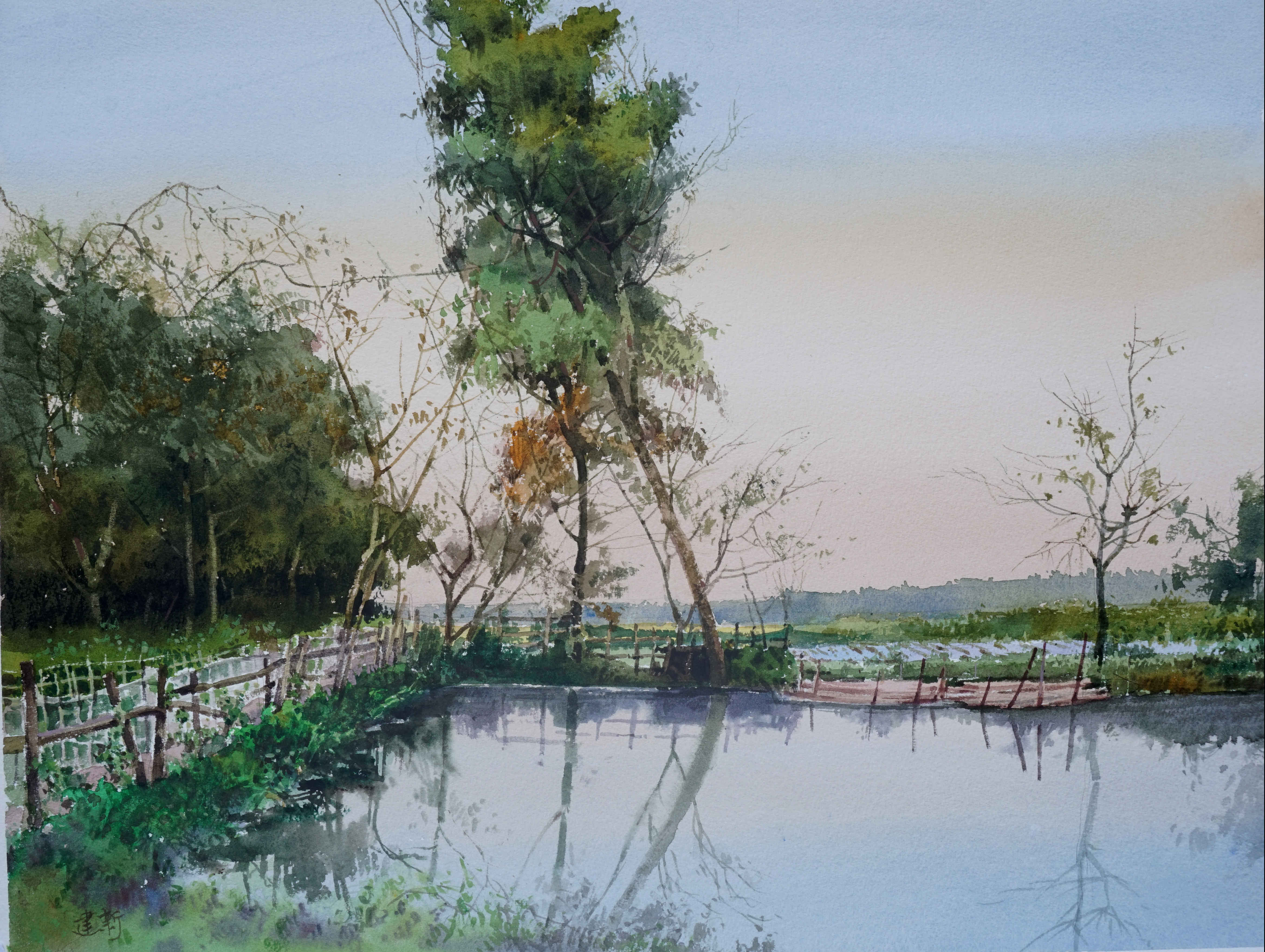 池塘风景画水粉图片