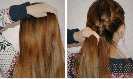 先分开头发,从侧边取少量头发平均分成三股,按普通麻花辫子的方法编