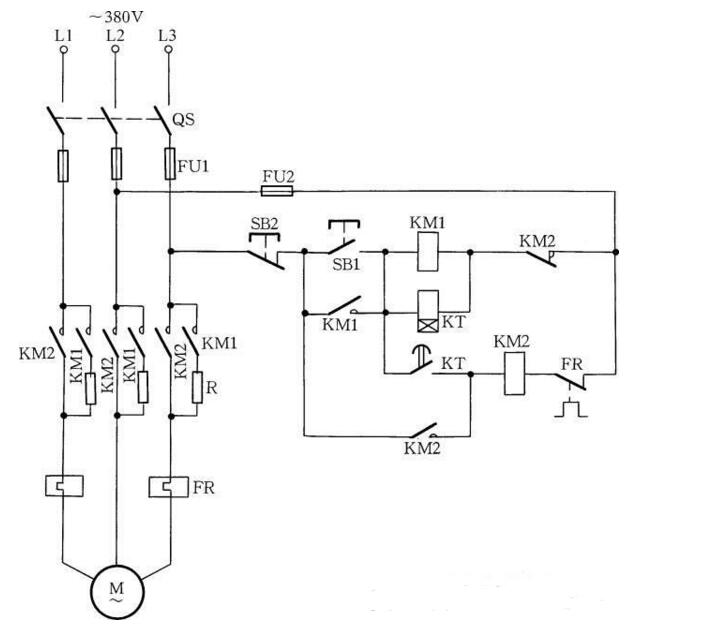 kt獲電動作,其常開輔助觸點閉合自鎖,電動機定子繞組串入電阻降壓啟動
