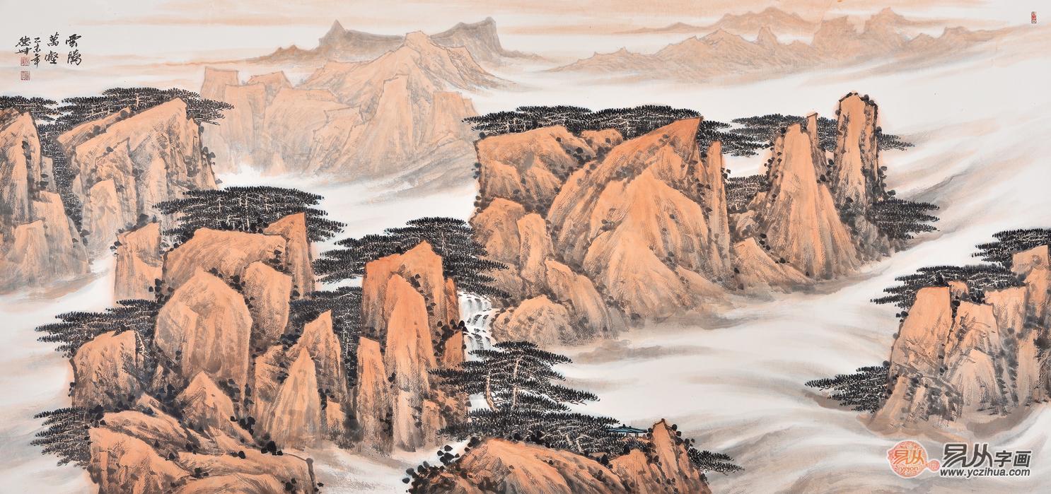 林德坤写意国画作品 六尺横幅山水画《云腾万壑》