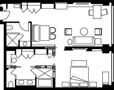 总统套房平面图总统套房拥有245平方米的大空间还有10平方米的户外