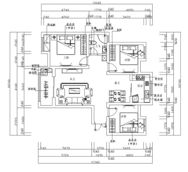 郑州财信圣堤亚纳8号楼105平三室两厅户型—平面布局方案