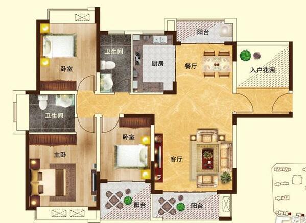 瀚宇天悦121平方三室两厅装修效果图