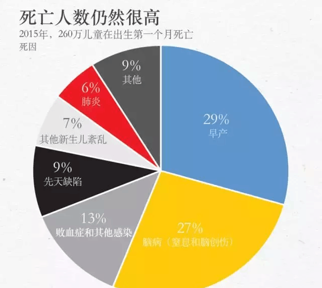 从下面的饼状图中可以看出,超过一半的新生儿死亡原因主要有三个