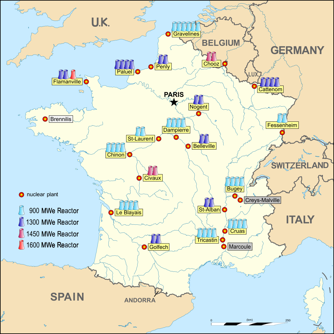 法国核电站分布与机组构成