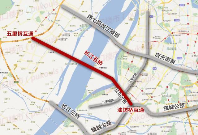 路线起自南京市浦口区五里桥,接拟改建的江北大道,跨越长江主航道后