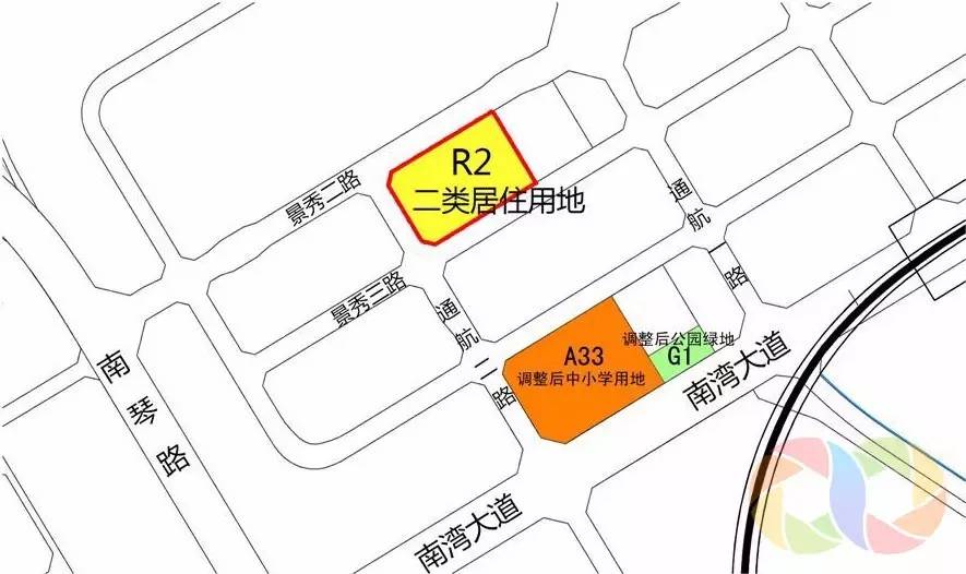 原控规用地规划图 原控规绿地及中小学用地调整至南湾大道与通航二