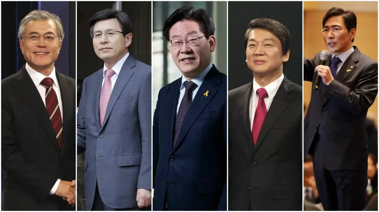 文在寅(从左至右,黃教安,李在明,安哲秀及安熙正"一强多雄"的局面