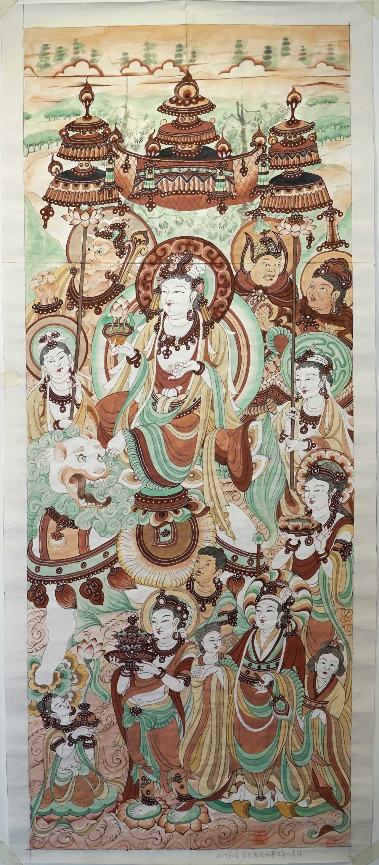 文殊变,108x49cm,常沙娜2017年临摹这两幅作品,将作为常沙娜不同时期