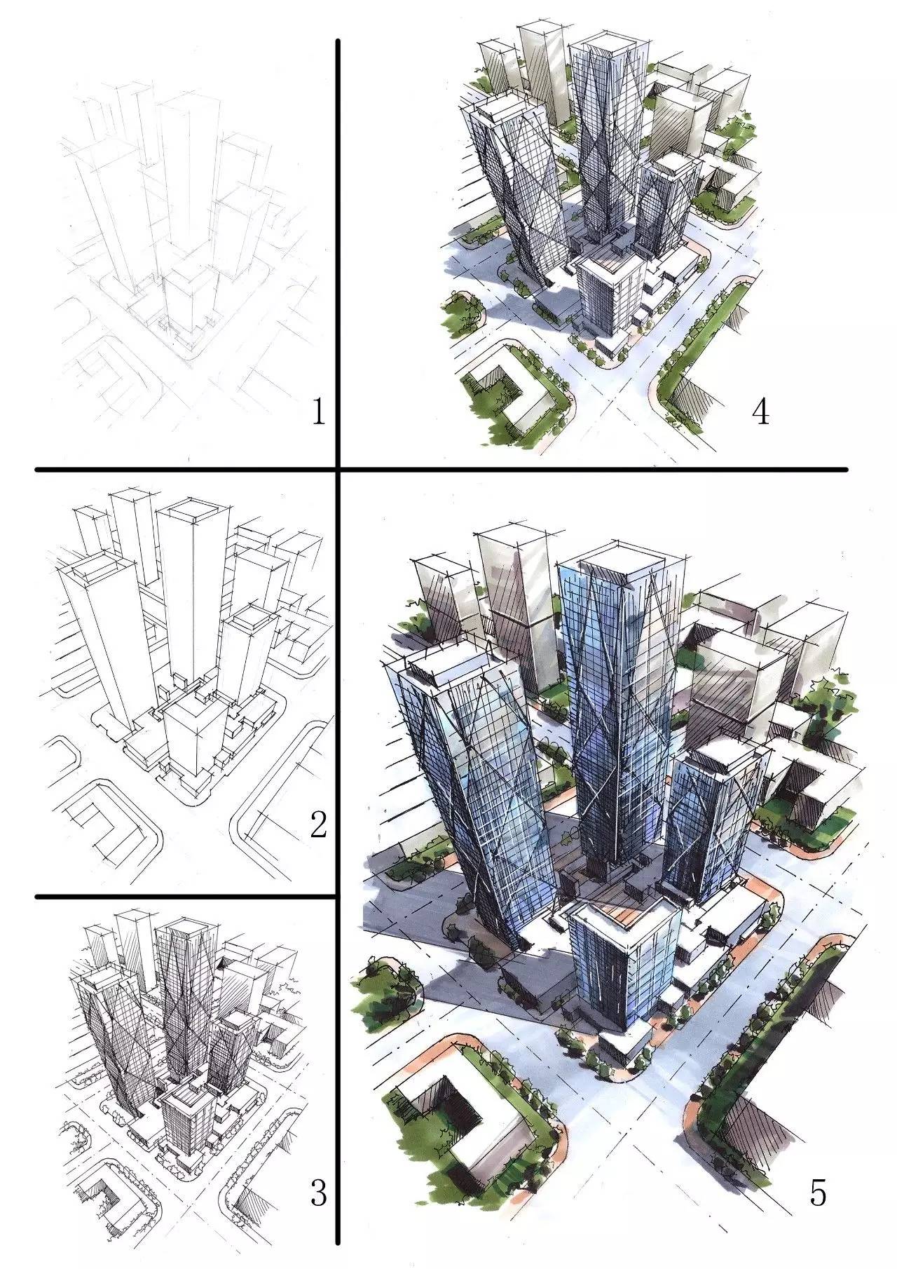 他画了近100张建筑鸟瞰手绘没有华丽的笔触但绝对实用