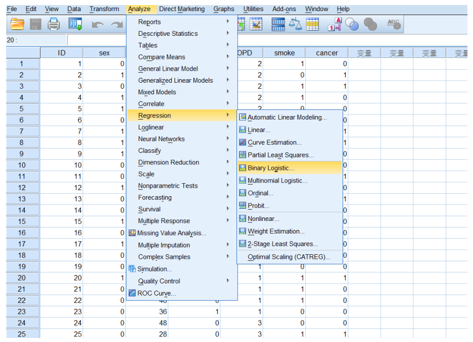 数据录入spss二,spss分析方法我们可以通过二分类logistic回归模型
