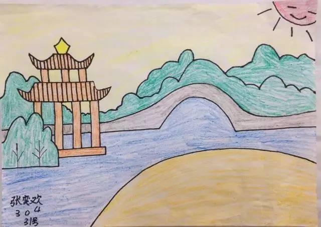 儿童西湖简笔画彩色图片