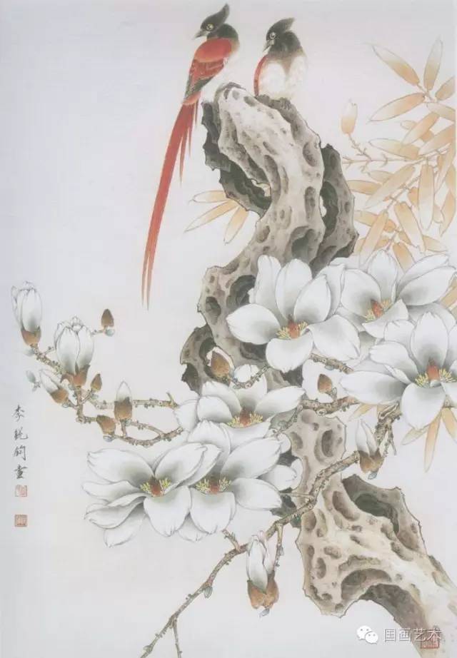 工笔玉兰画法示范(2)步骤一勾描:先用赭墨勾描黄鹂鸟,玉兰花,枝干和