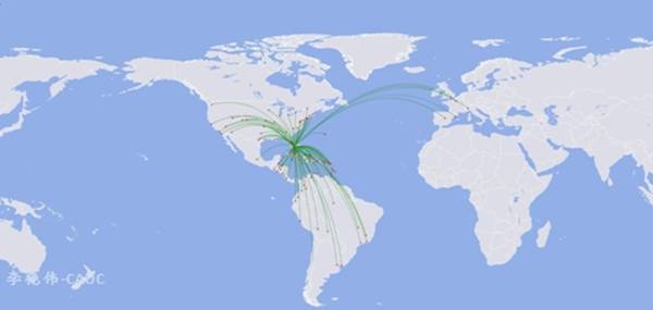 观察迈阿密机场网络布局可以发现,aa在这三个枢纽的航线网络设计体现