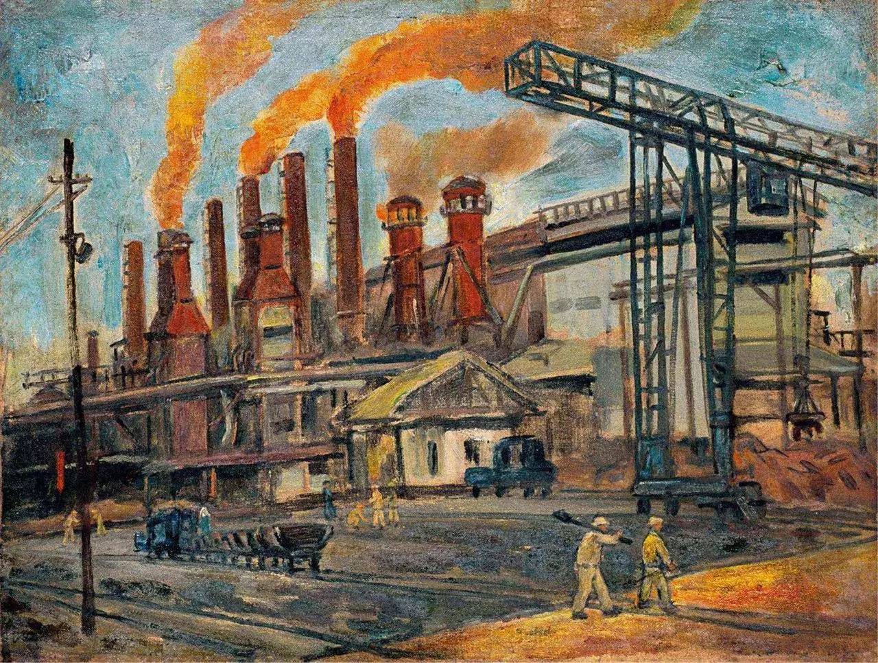钢铁厂油画欣赏