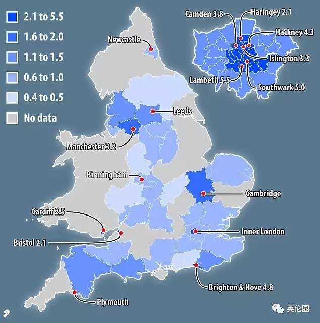 完整英国lgb人口密度地图在下面,蓝得越深的地方就越腐▼