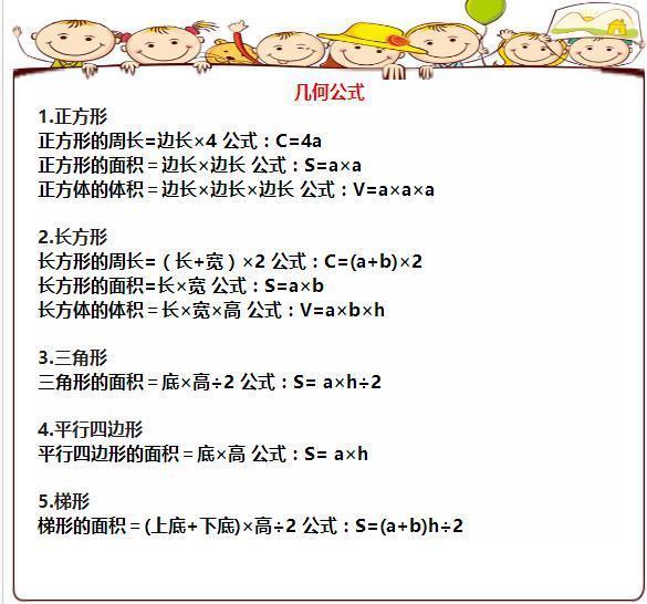 小学数学 1 6年级公式 几何 单位换算 算数概念