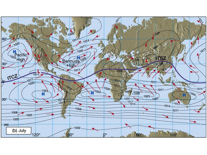 非洲中部,北美东南部,南美巴西东部以及澳大利亚北部,其中以印度季风