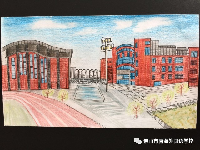 彩铅手绘校园风景图片
