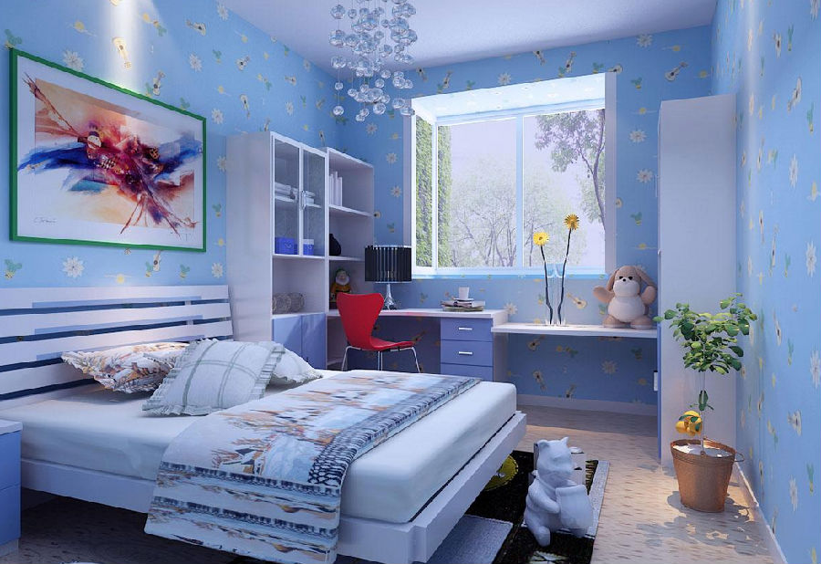 儿童房的壁纸搭配很有讲究:浅蓝色的壁纸点缀着些雏菊和小吉他,如葡萄