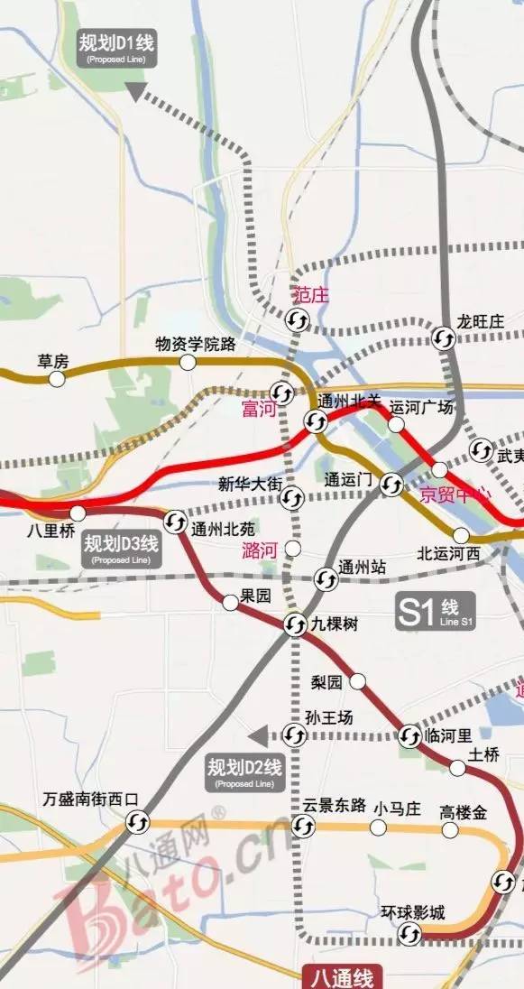 城际联络线预计部分站点:宋庄西,城市副中心,施园市郊铁路副中心线将
