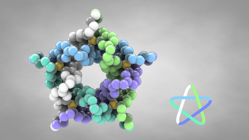 分子五叶结 黄-铁;分子结内,浅色-碳,深色-氮,氧;没有显示氢原子