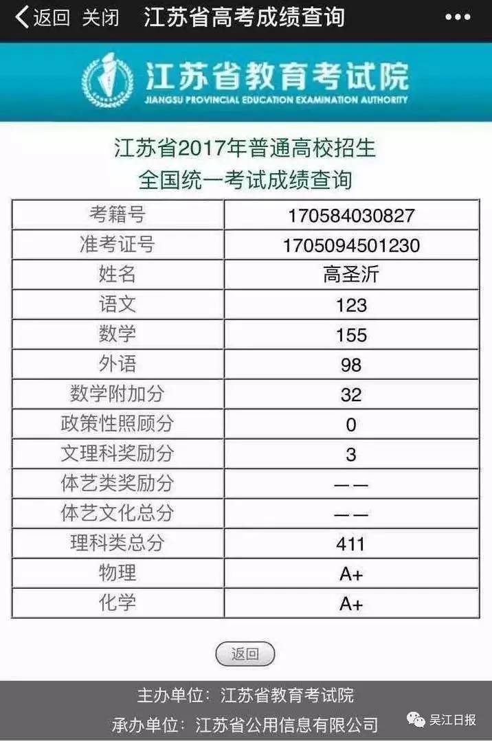 2017吴江高考成绩no1是她&他!