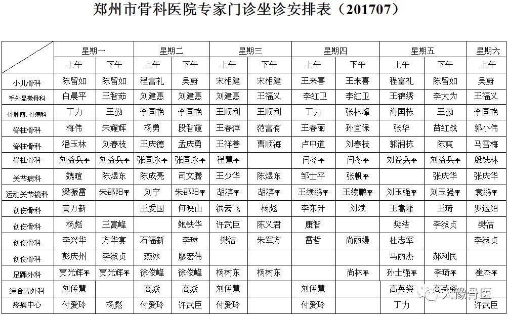 鄭州市骨科醫院六月份專家門診坐診安排表