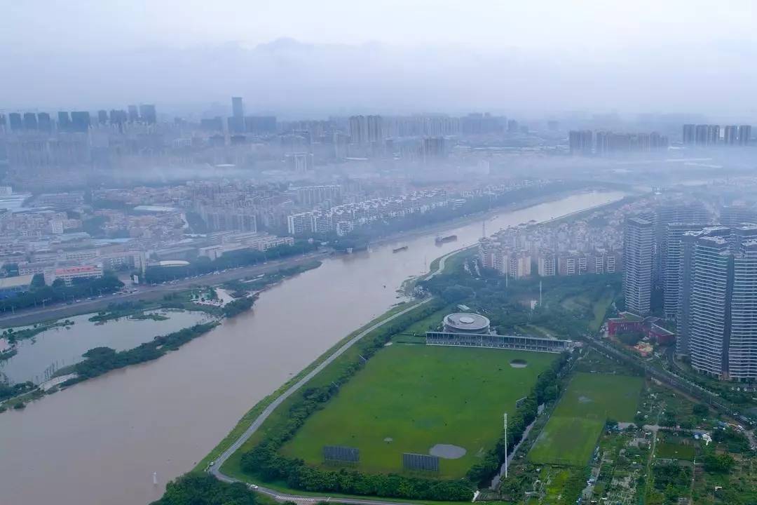 東平河禪城一側,石灣溼地公園也幾乎被淹沒.