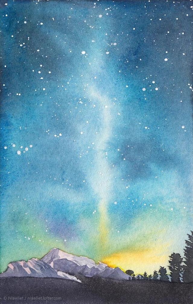 夜空中最亮的星水彩画欣赏