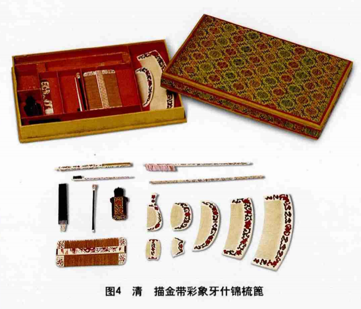 在清宫帝后妃子们使用的梳具中,典型代表的是描金带彩象牙什锦梳篦