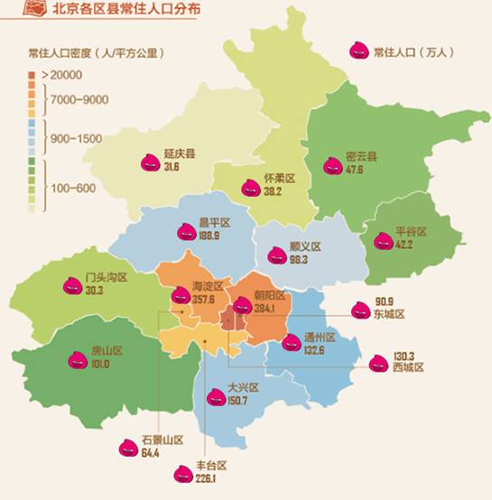 下面是北京的各区县常住人口分布图~大家感受一下~每年平均消耗150吨